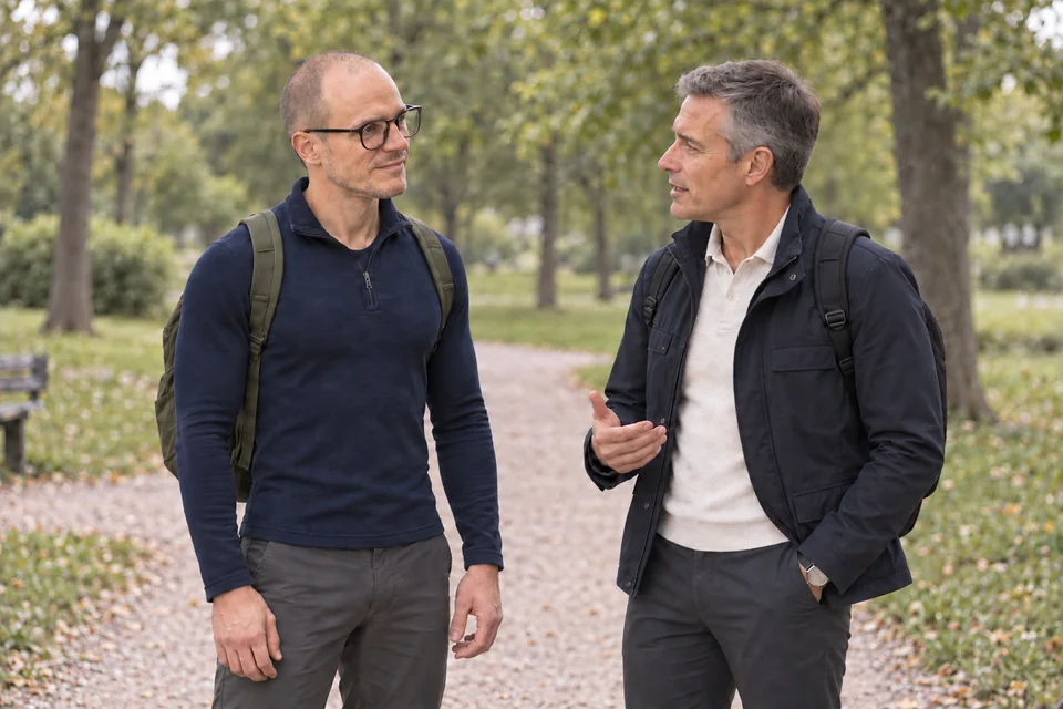 Inszeniertes Formatmotiv: aufmerksames persönliches Gespräch während einer Rucking-Pause im Park